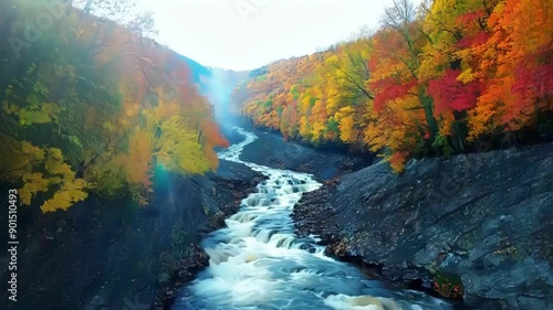 The stream s through a narrow gorge surrounded by towering cliffs and an explosion of autumn colors. photo