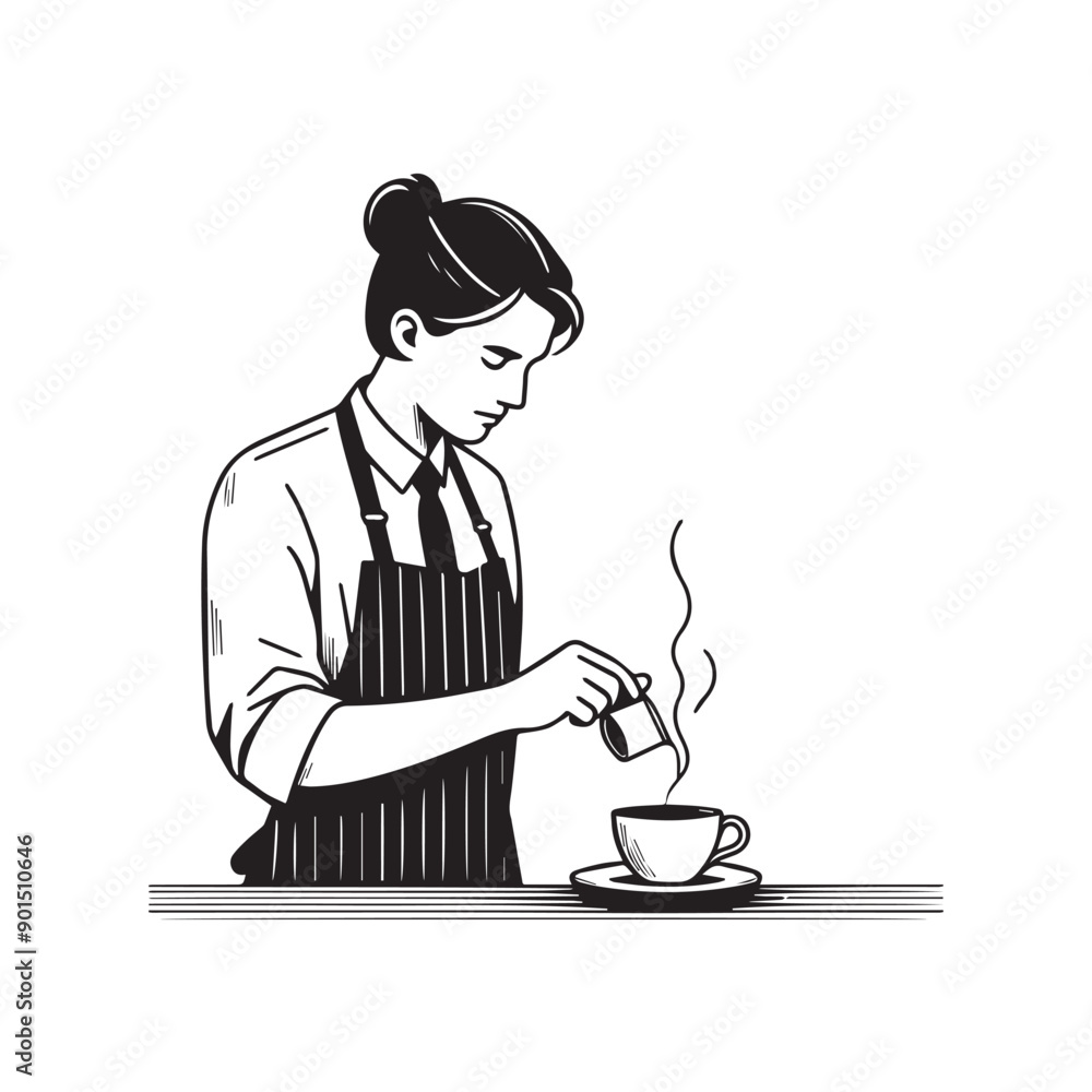black-and-white vector illustration of a barista wearing an apron, preparing
a coffee drink black-and-white vector illustration of a barista wearing an apron, preparing
a coffee drink