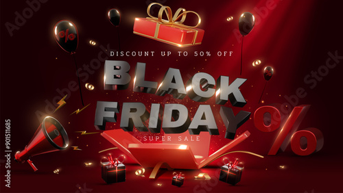 Black Friday sale background with bold text Decorated with black balloons, gift boxes and gold ribbons on a red background, red elegant backdrop for holiday sale promotion.
