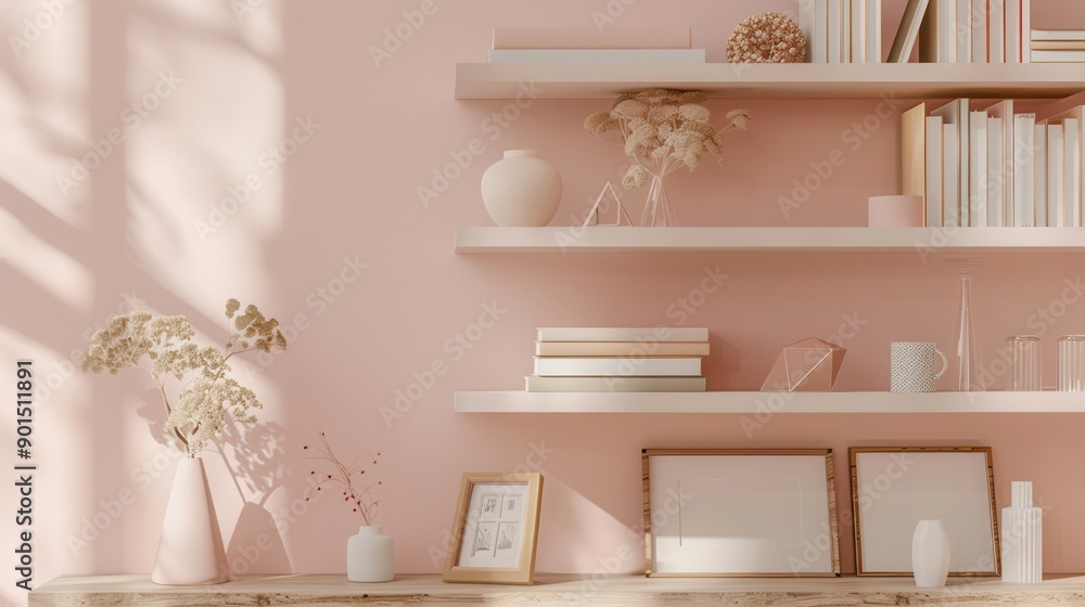 A shelf unit displays an array of decorative items, including books, vases, and empty photo frames, set against a soft pastel wall. Generative AI A shelf unit displays an array of decorative items, including books, vases, and empty photo frames, set against a soft pastel wall. Generative AI