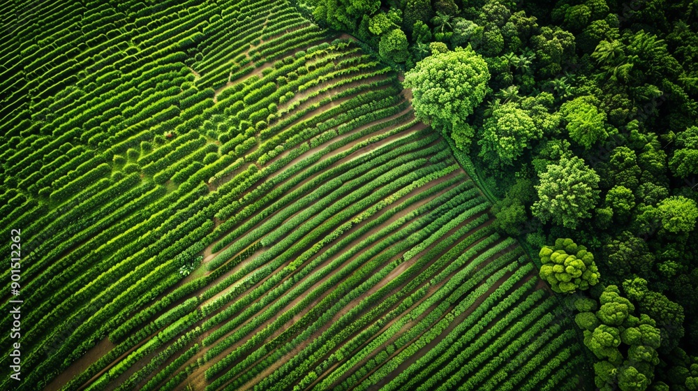 Fototapeta premium Aerial view of lush green tea plantation beside a dense forest. The patterns created by rows of tea plants highlight the natural beauty of agriculture.