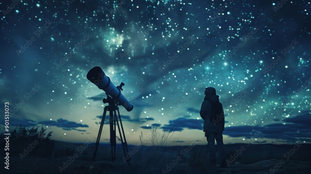 An astronomer using a telescope to observe the night sky, starry background An astronomer using a telescope to observe the night sky, starry background