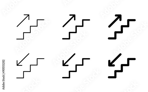 Stairs direction icon. Staircase sign. Up and down arrow direction vector illustration. Escalator symbol. Exit on the roof pictogram.