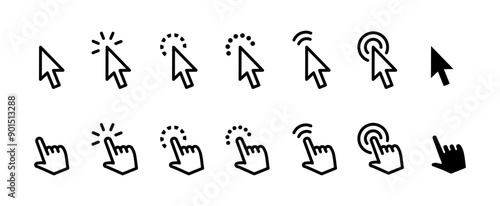Cursor icon set. Mouse pointer symbol collection. Finger cursor vector illustration. Arrow click sign. Web interface pointer collection.