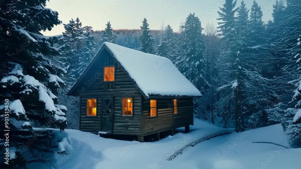 A lone cabin sits nestled a the frozen trees smoke curling from its chimney as the first signs of human presence in the secluded forest. A lone cabin sits nestled a the frozen trees smoke curling from its chimney as the first signs of human presence in the secluded forest.