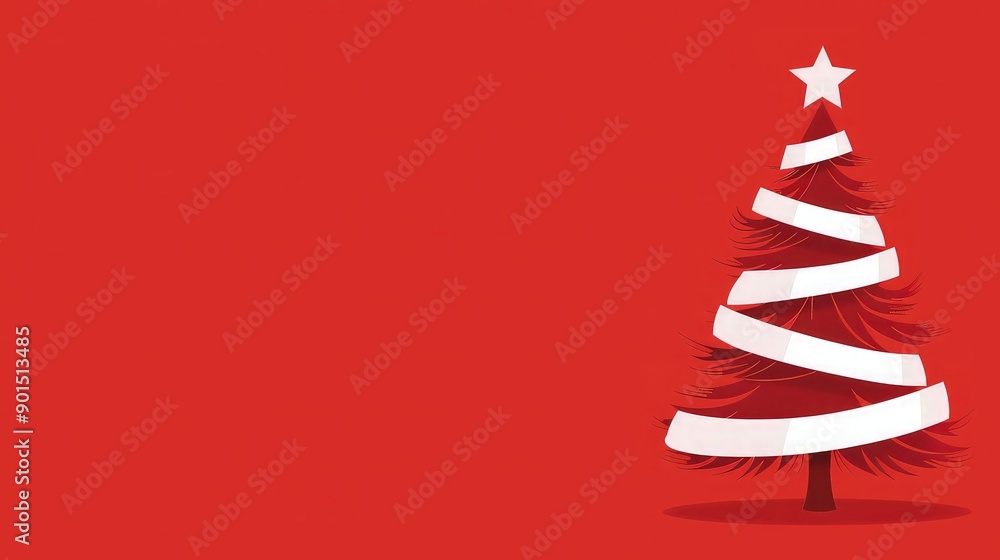 Merry Christmas Beautiful Banner with silver ribbon Christmas tree on red background. Christmas card, Christmas background. Merry Christmas Beautiful Banner with silver ribbon Christmas tree on red background. Christmas card, Christmas background.
