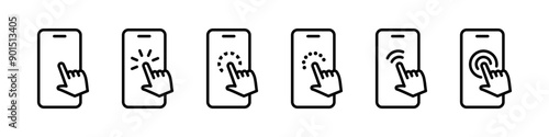 Hand touch screen smartphone icon set. Finger pointer with phone display vector illustration. Finger cursor pressing the screen device collection. Smartphone click symbol.