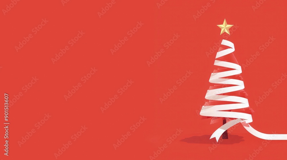 Merry Christmas Beautiful Banner with silver ribbon Christmas tree on red background. Christmas card, Christmas background. 