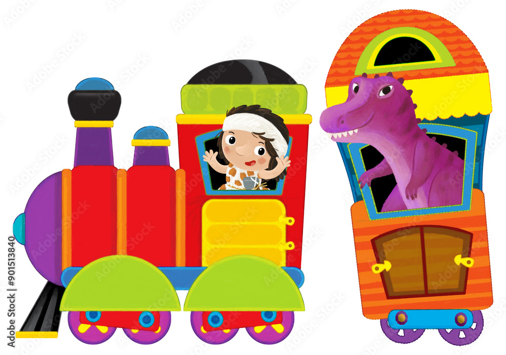 Cartoon funny looking colorful wagon with dino dinosaur animal lizard and caveman conductor isolated illustration for children Cartoon funny looking colorful wagon with dino dinosaur animal lizard and caveman conductor isolated illustration for children