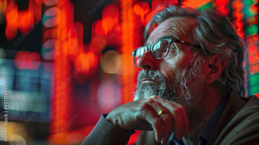 Obraz premium A trader looks stressed while analyzing fluctuating stock market charts on multiple computer screens in a busy trading office