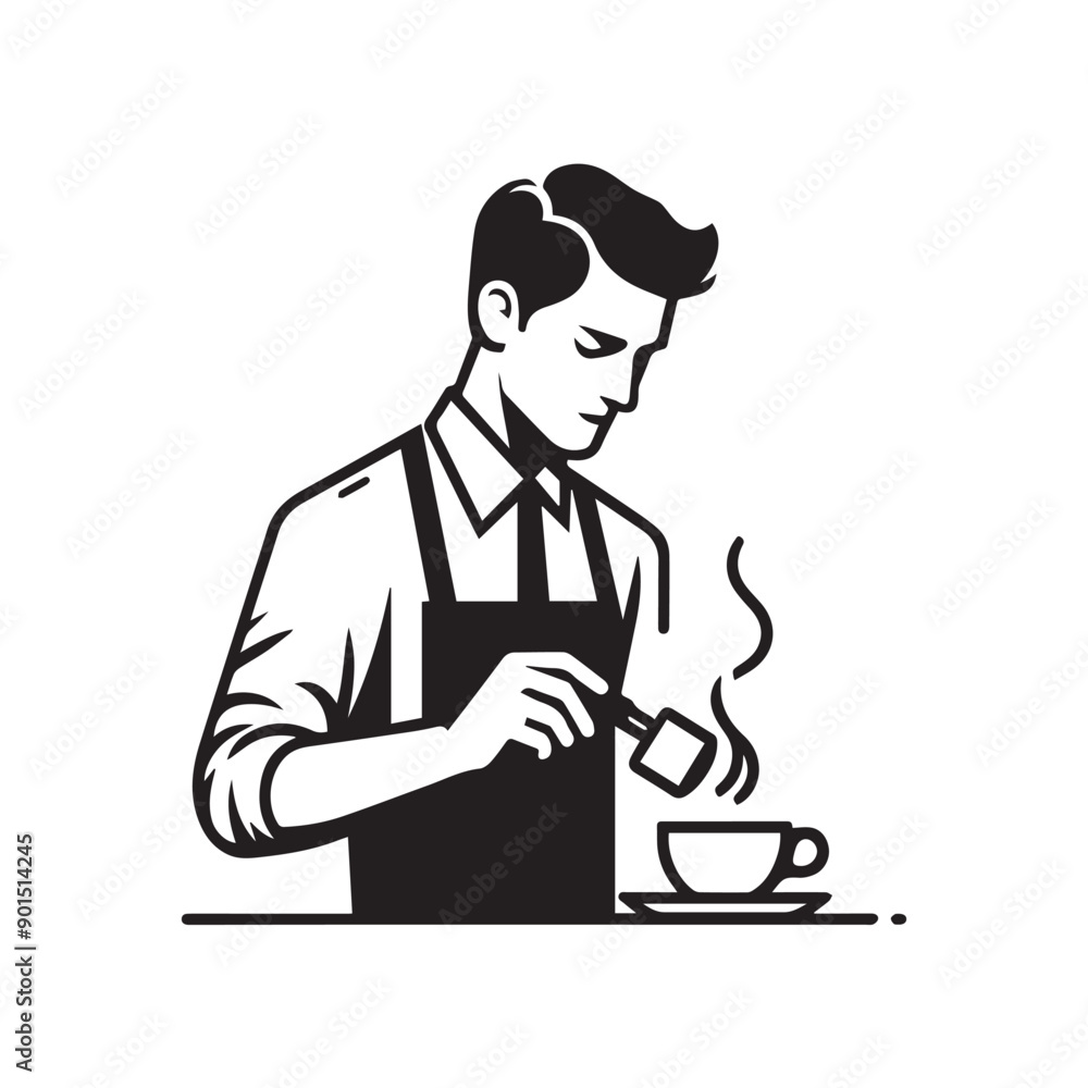 black-and-white vector illustration of a barista wearing an apron, preparing
a coffee drink black-and-white vector illustration of a barista wearing an apron, preparing
a coffee drink
