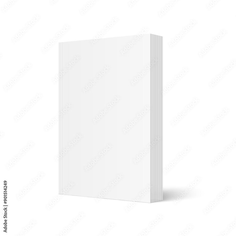 Vector mockup of standing paperback book with white blank softcover isolated. Vertical book, catalog or magazine mock up on white background. 3d illustration. Diminishing perspective. Vector mockup of standing paperback book with white blank softcover isolated. Vertical book, catalog or magazine mock up on white background. 3d illustration. Diminishing perspective.