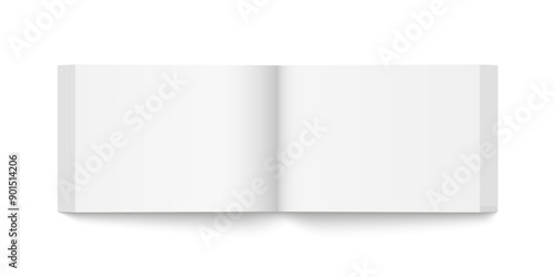 Vector mockup of paperback horizontal book spread with white cover isolated. Realistic book, brochure or booklet template opened on white background. 3d illustration.