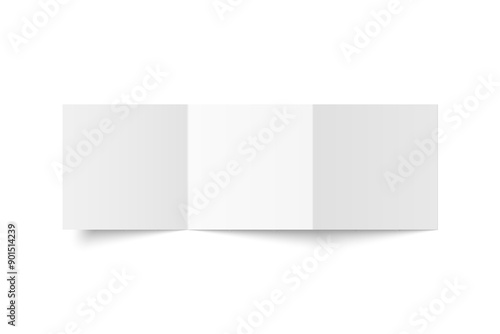 Vector white blank square three panel accordion fold opened on white background. Z fold, trifold, leaflet, brochure, booklet, flyer or invitation card mockup. Mock up back side isolated.