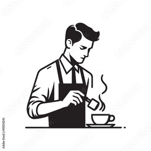 black-and-white vector illustration of a barista wearing an apron, preparing a coffee drink