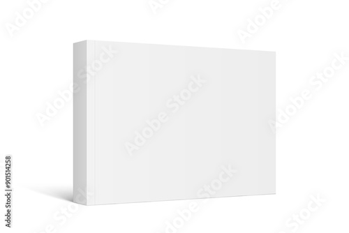 Vector mockup of horizontal standing paperback book with white blank softcover isolated. Book, catalog or magazine mock up on white background. 3d illustration. Diminishing perspective.