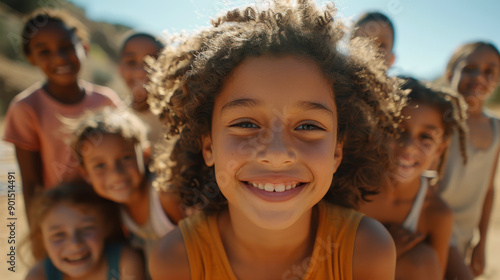 A joyful group of children enjoying a sunny day outdoors, showcasing friendship and happiness in a vibrant landscape.