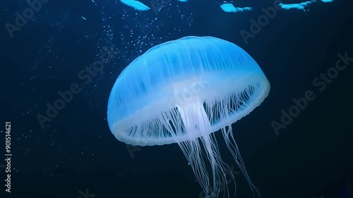 A moon jellyfish gently pulsates through the water its translucent body reflecting the moons rays.