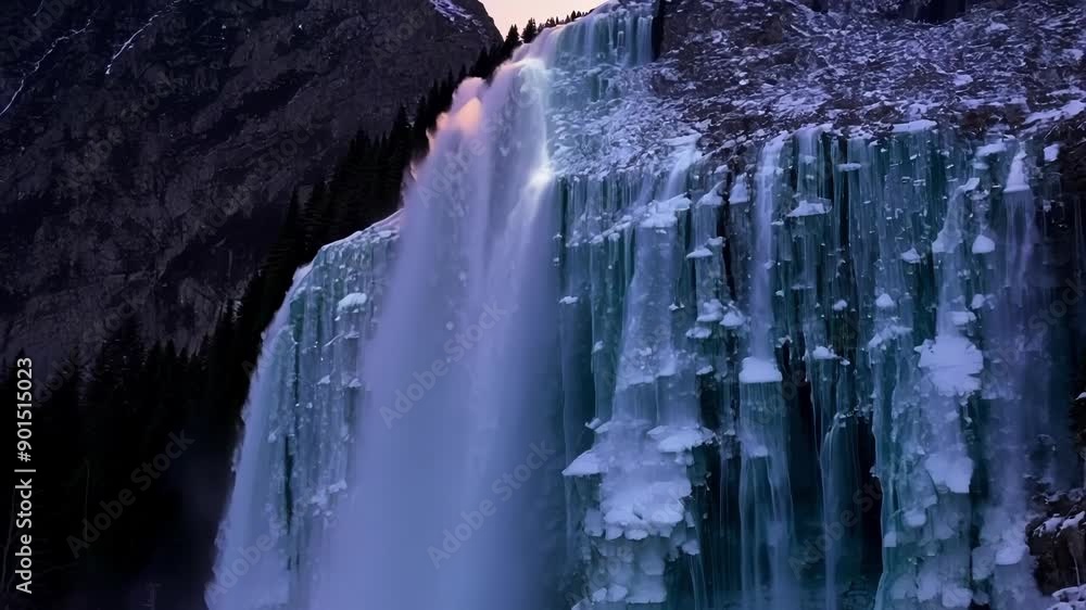 The frozen waterfall seems to glow in the dim light of dusk providing a stunning contrast against the darkening sky.