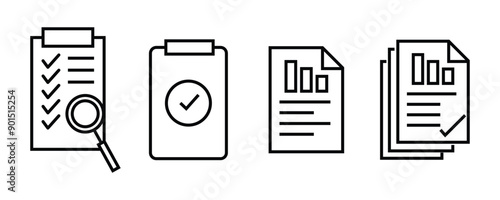 Evaluation thin line icon set. Containing checklist, review, quality, survey, analysis, document, business management data, inspection, statistic, inspecting, statement, report isolated with white bac