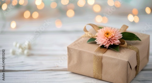 Gift Box With Pink Flower on Wooden Table