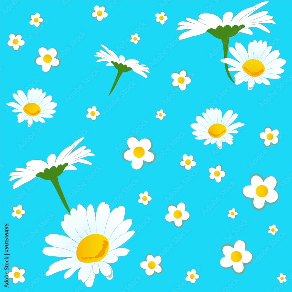 Obraz premium Vector seamless floral pattern with realistic and simple stylized daisies on a blue background for wallpaper, textiles, cards, and dishes.