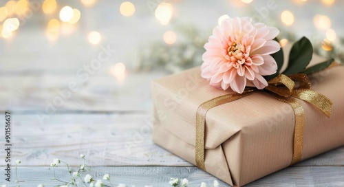 Gift Box With Pink Flower on Wooden Table