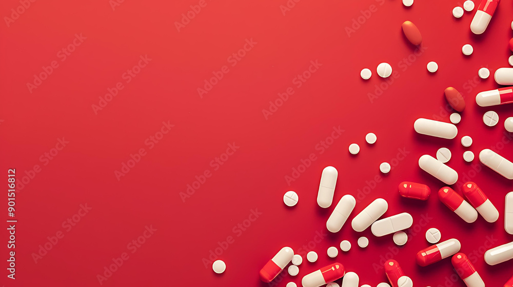 Red and white capsules pills on a red backdrop Red and white capsules pills on a red backdrop