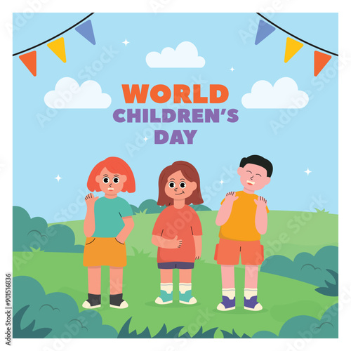 cartoon illustration of world children's day, little children welcome very happily with their friends, flat design style