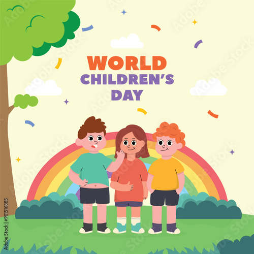 cartoon illustration of world children's day, little children welcome very happily with their friends, flat design style