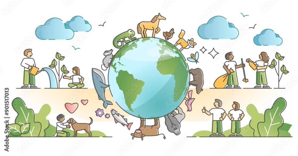 Fototapeta premium Biodiversity and environmental animal species protection outline concept, transparent background. Various mammals wildlife preservation with natural habitat respect and care illustration.