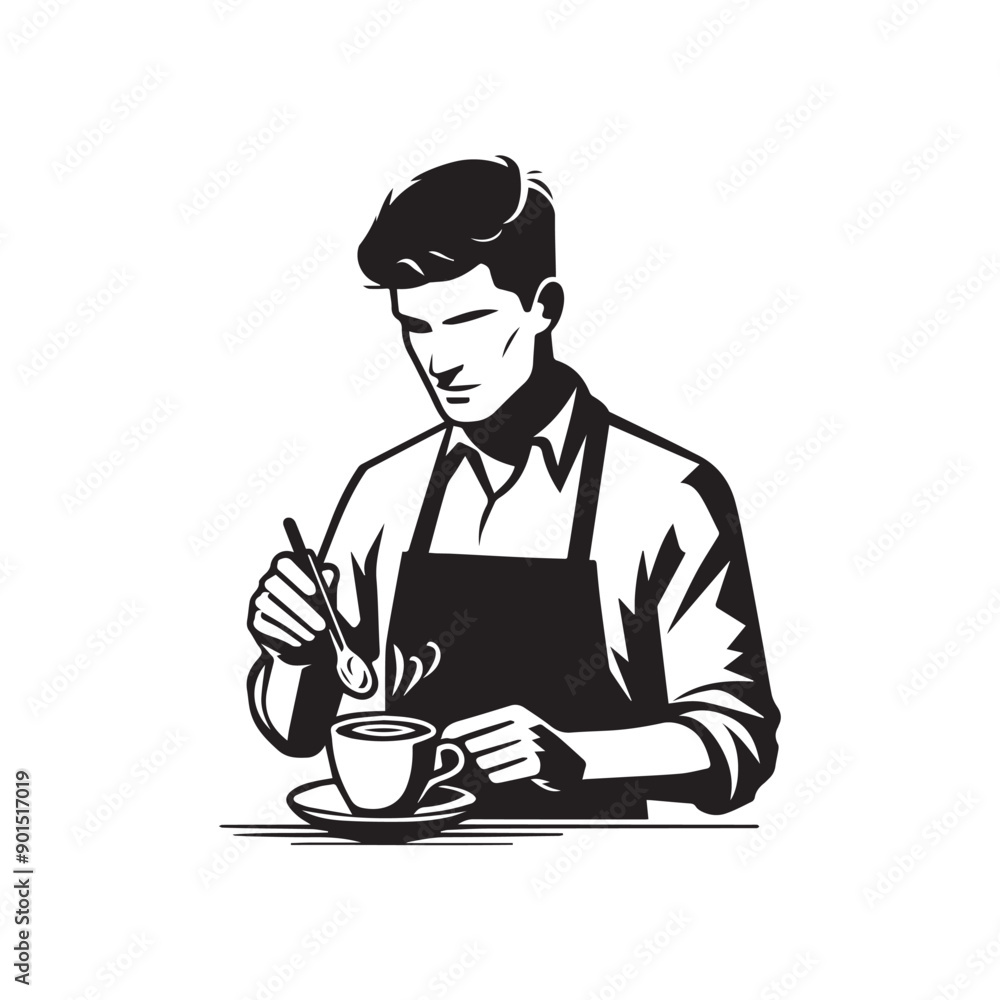 black-and-white vector illustration of a barista wearing an apron, preparing
a coffee drink black-and-white vector illustration of a barista wearing an apron, preparing
a coffee drink