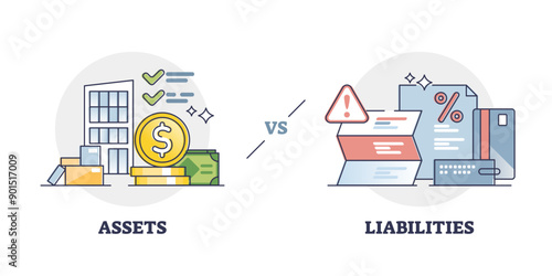 Assets vs liabilities as balance with debts and incomes outline diagram, transparent background. Labeled educational economical or financial company and business value calculation illustration.