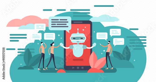 Chatbot illustration, transparent background. Mini persons talk with digital robot concept. Artificial intelligence friendship or bonding with human. Smartphone assistant service.