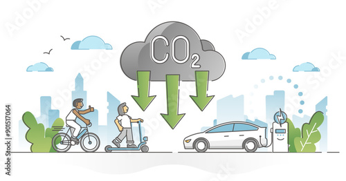 CO2 carbon dioxide emission reduction by alternative energy outline concept, transparent background. Using fuel gas free transportation to decrease greenhouse level illustration.