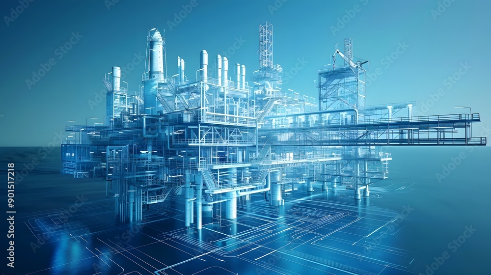 Fototapeta premium Futuristic Offshore Oil Platform in a Digital Landscape