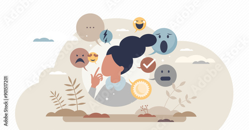 Mood disorder - bipolar emotion change metal problem, tiny person concept, transparent background. Confusing inner feelings leading to stress, anxiety and life crisis.
