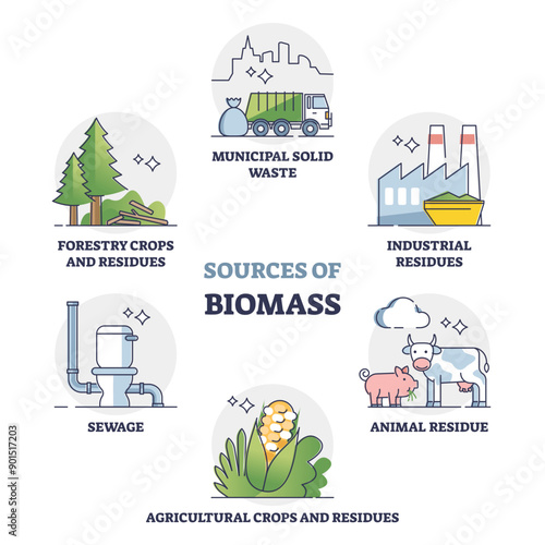 Sources of biomass energy as alternative power in outline collection diagram, transparent background. Educational labeled set with recycled municipal solid waste, residues.
