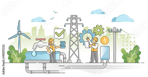 Utility expertise and maintenance repair fix after checkup outline concept, transparent background. Electricity power line and water pipeline improvement work.