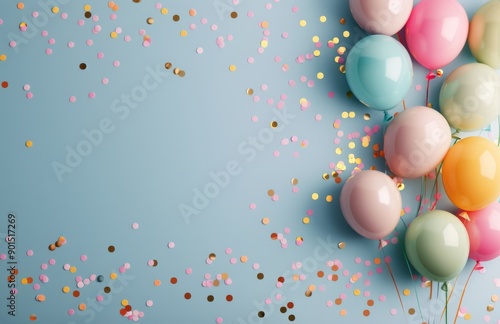 Colorful Balloons and Confetti on Blue Background