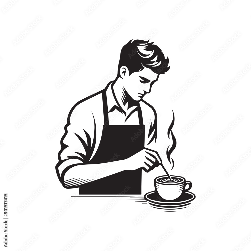 black-and-white vector illustration of a barista wearing an apron, preparing
a coffee drink black-and-white vector illustration of a barista wearing an apron, preparing
a coffee drink