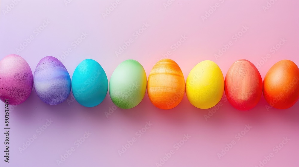 A set of Easter eggs painted in a rainbow of colors, arranged in a gradient pattern, ideal for vibrant and eye-catching holiday imagery. A set of Easter eggs painted in a rainbow of colors, arranged in a gradient pattern, ideal for vibrant and eye-catching holiday imagery.