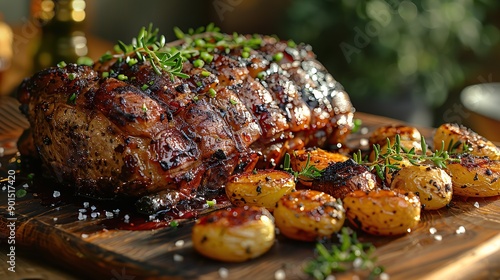 Grilled beef steak and potatoes, Close-up of a Juicy Roast Beef with Roasted Potatoes, Succulent herb crusted roast beef with golden potatoes.