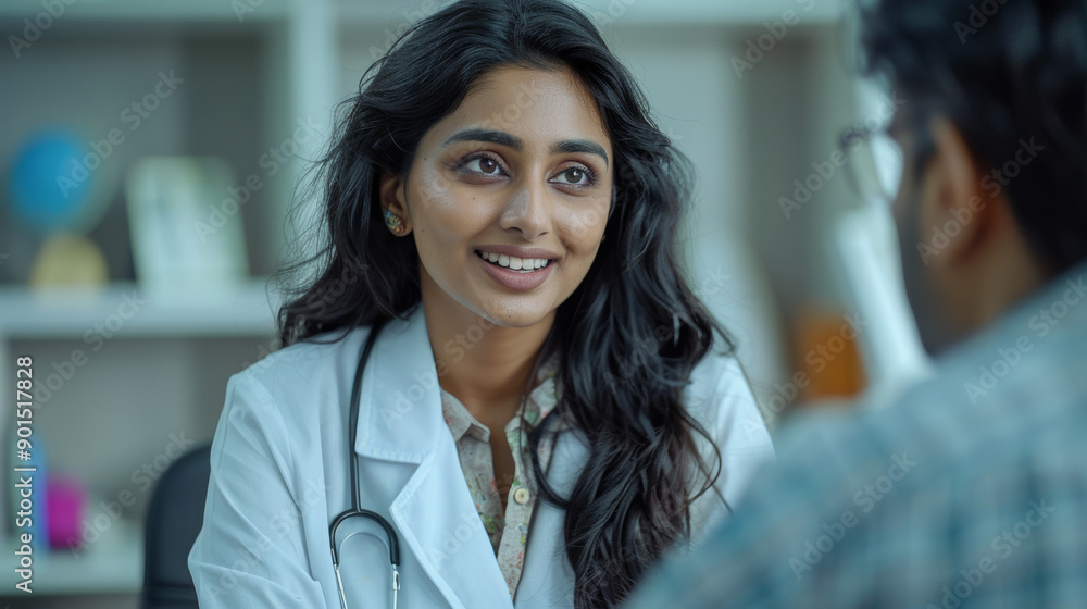 custom made wallpaper toronto digitaldoctor-patient interaction, an indian doctor in a white coat offers comfort to a concerned patient with a warm smile and kind words in a medical clinic