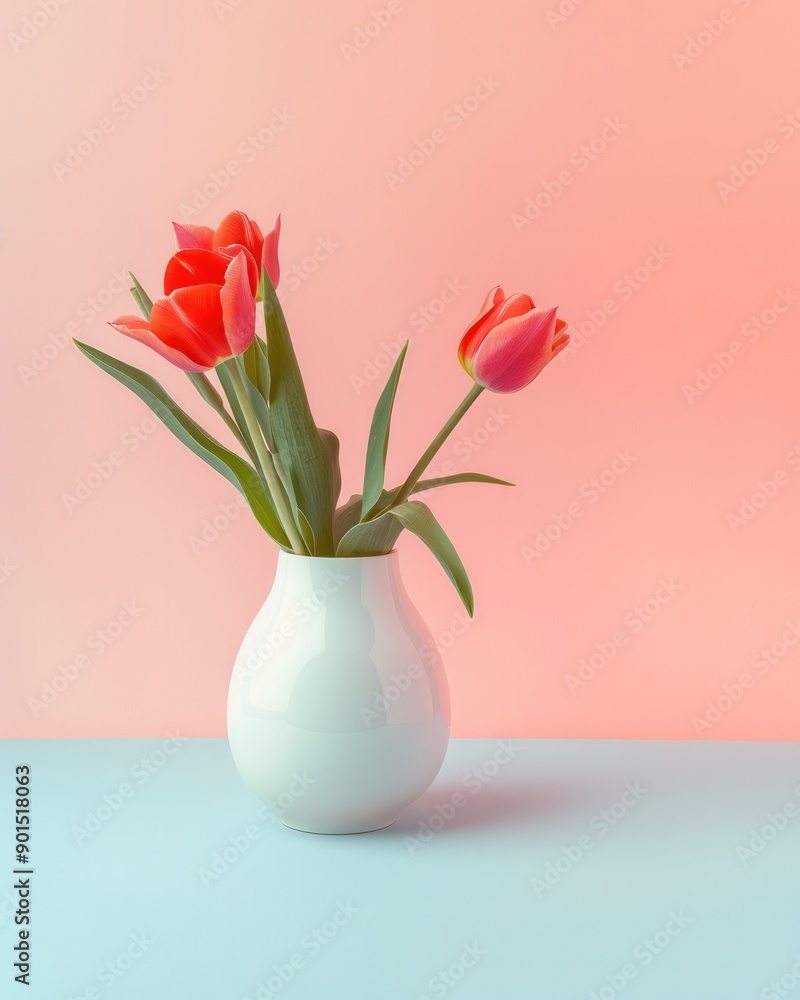 International women's day concept, spring home decorations with bouquet of red tulips in modern vase in pastel colors International women's day concept, spring home decorations with bouquet of red tulips in modern vase in pastel colors