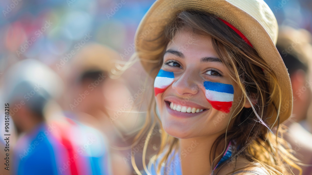 A woman with a hat and red, white, and blue face paint is smiling A woman with a hat and red, white, and blue face paint is smiling