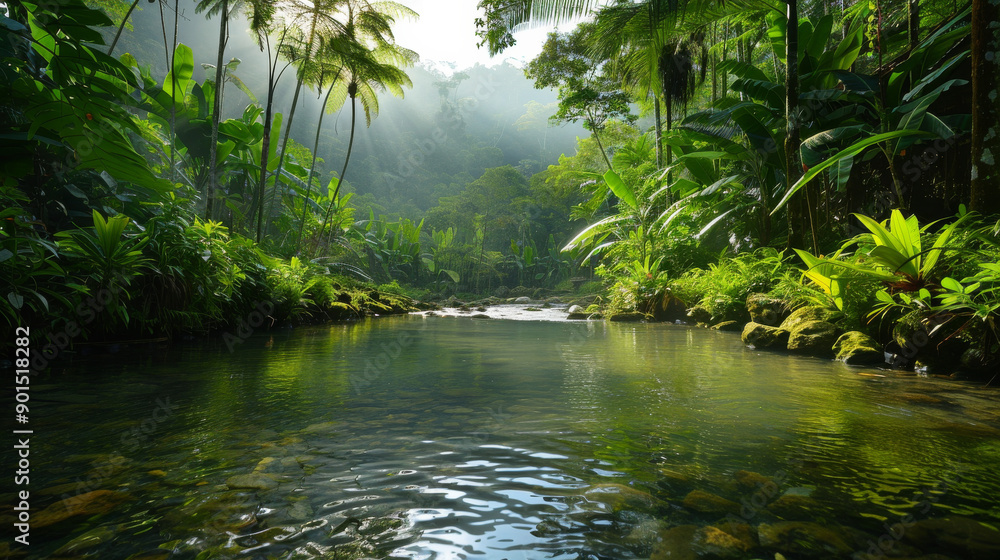 Obraz premium A lush green jungle with a river running through it