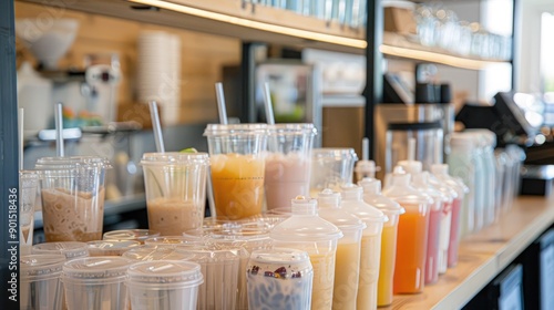 A takeaway drink station with a variety of cups, lids, and straws, set up for customers to grab their favorite beverages quickly. The setup is clean and organized, emphasizing efficiency.