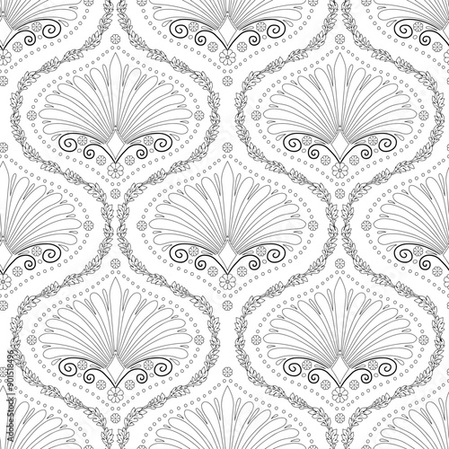Seamless pattern with black and white monochrome floral ogee and anthemion geometrical motifs on a white background. Minimalist classic abstract repeat wallpaper.