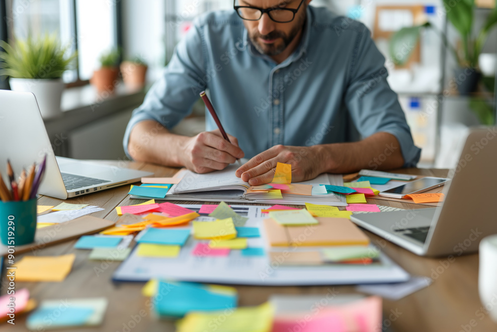 Mastermind at Work: A focused entrepreneur meticulously strategizes his next move, surrounded by a symphony of colorful sticky notes, embodying the essence of creative chaos in a modern workspace. Mastermind at Work: A focused entrepreneur meticulously strategizes his next move, surrounded by a symphony of colorful sticky notes, embodying the essence of creative chaos in a modern workspace.